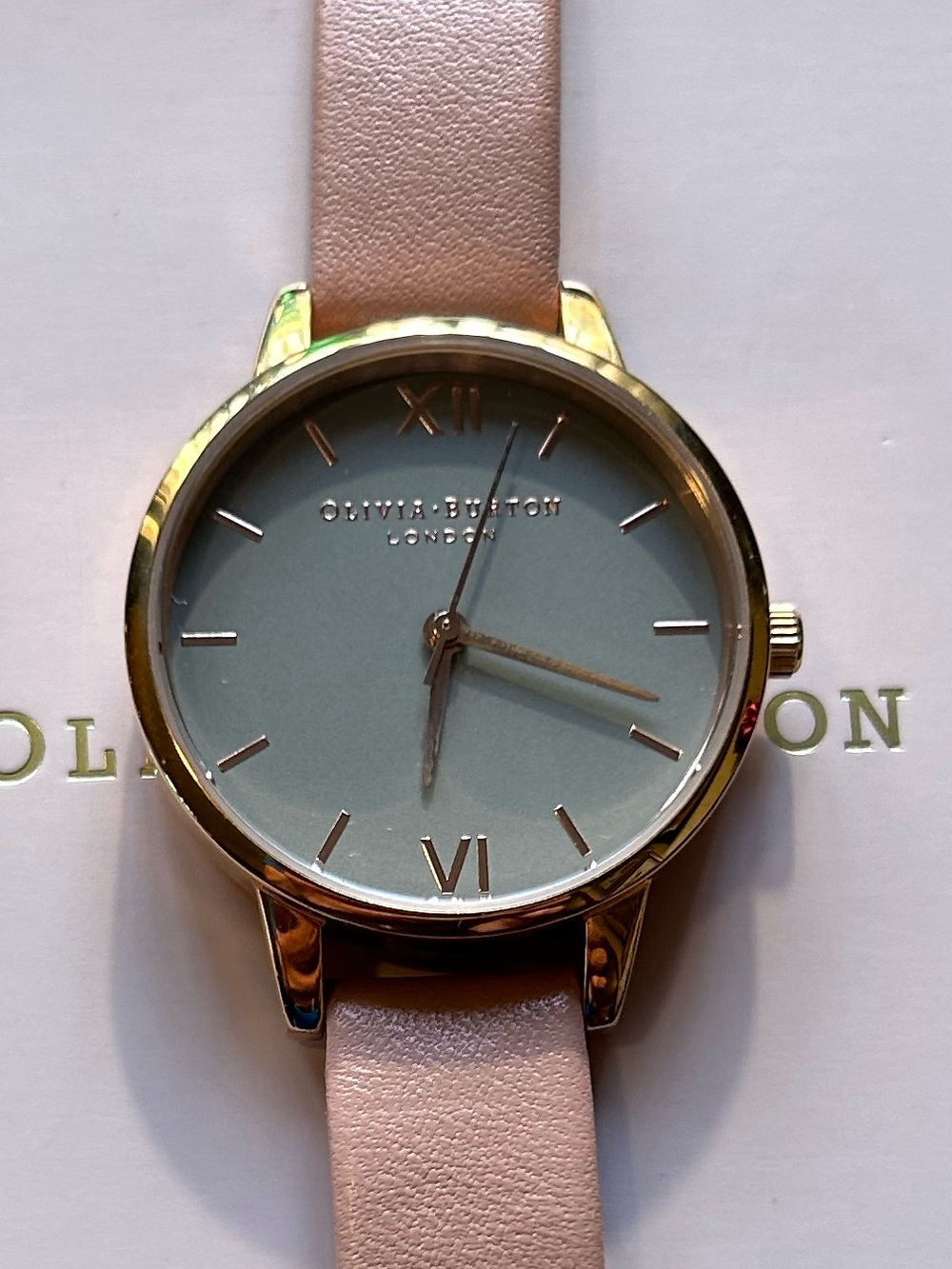 Olivia Burton Watch With 30mm Sage Green Face With Pink Leather Band